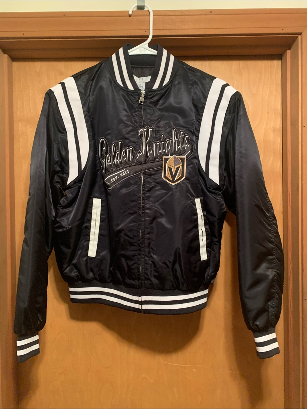 Black Satin NHL Golden Knights Bomber Jacket with White Trim NWT